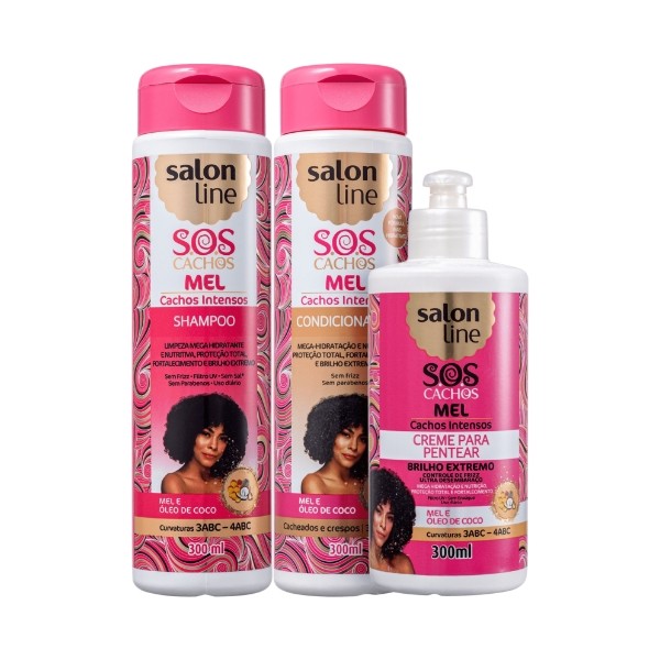 Kit Salon Line Sos Cachos Mel Cachos Intensos Shampoo Condicionador Creme Para Pentear Brasil Cosmeticos