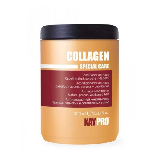 Condicionador de Colágeno KayPro 1000ml Condicionador anti-idade com colágeno para cabelos maduros, porosos e enfraquecidos. Ação anti-idade revitalizante para cabelos mais flexíveis, macios e sedosos. Hidrata e nutre efetivamente, deixando os cabelos brilhantes e fáceis de pentear sem pesar.