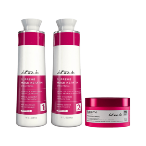 Kit Alisamento Supreme Mask Keratin  2x1l + B-tox Supreme Ultra Mask 250g Realinhamento térmico capilar Redução de volume Efeito liso e duradouro Supreme Mask Keratin é um alisamento progressivo que proporciona o realinhamento da superfície capilar, conferindo aos cabelos um efeito liso e disciplinado de longa duração.  Contém óleos resinosos com ação emoliente e anti-frizz que atuam como agentes redutores de volume. O Kit é composto pelo passo 1, Shampoo Anti Resíduos, que limpa profundamente os radicais livres acumulados na fibra do cabelo. Tem ação eficaz que equilibra o pH dos fios e promove a dilatação das cutículas para receber a aplicação da máscara condicionante nos fios. E pelo passo 2, Supreme Mask, que promove a reparação e reestruturação da fibra capilar. Com fórmula obtida através da maceração das flores de garnia, possui ação multi benéfica que penetra, nutre e realinha a estrutura capilar, controlando o ressecamento indesejado dos fios. O Btox Supreme Ultra Mask é uma máscara reconstrutora que reduz o volume, hidrata e alinha os fios. É enriquecido com polifenóis que condiciona e nutre os fios, melhorando a coesão capilar e preservando a integridade da estrutura dos cabelos. Resulta em um cabelo super nutrido, macio, solto, sem frizz e evita a formação de pontas duplas, repara as fibras danificadas e protege os fios restaurando sua elasticidade. Não fazemos testes em animais. Precauções: Uso externo. Não expor ao sol nem a temperaturas superiores a 50ºC. Manter fora do alcance das crianças. Evitar contato com os olhos, proteger os olhos durante a aplicação. Em caso de contato, enxaguar com água imediatamente e abundantemente. Em caso de irritação suspenda o uso do produto e procure orientação médica. Seguir as instruções de uso. Este produto somente deve ser utilizado para o fim a que se destina.