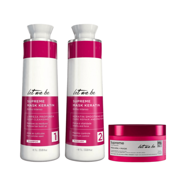 Kit Alisamento Supreme Mask Keratin  2x1l + B-tox Supreme Ultra Mask 250g Realinhamento térmico capilar Redução de volume Efeito liso e duradouro Supreme Mask Keratin é um alisamento progressivo que proporciona o realinhamento da superfície capilar, conferindo aos cabelos um efeito liso e disciplinado de longa duração.  Contém óleos resinosos com ação emoliente e anti-frizz que atuam como agentes redutores de volume. O Kit é composto pelo passo 1, Shampoo Anti Resíduos, que limpa profundamente os radicais livres acumulados na fibra do cabelo. Tem ação eficaz que equilibra o pH dos fios e promove a dilatação das cutículas para receber a aplicação da máscara condicionante nos fios. E pelo passo 2, Supreme Mask, que promove a reparação e reestruturação da fibra capilar. Com fórmula obtida através da maceração das flores de garnia, possui ação multi benéfica que penetra, nutre e realinha a estrutura capilar, controlando o ressecamento indesejado dos fios. O Btox Supreme Ultra Mask é uma máscara reconstrutora que reduz o volume, hidrata e alinha os fios. É enriquecido com polifenóis que condiciona e nutre os fios, melhorando a coesão capilar e preservando a integridade da estrutura dos cabelos. Resulta em um cabelo super nutrido, macio, solto, sem frizz e evita a formação de pontas duplas, repara as fibras danificadas e protege os fios restaurando sua elasticidade. Não fazemos testes em animais. Precauções: Uso externo. Não expor ao sol nem a temperaturas superiores a 50ºC. Manter fora do alcance das crianças. Evitar contato com os olhos, proteger os olhos durante a aplicação. Em caso de contato, enxaguar com água imediatamente e abundantemente. Em caso de irritação suspenda o uso do produto e procure orientação médica. Seguir as instruções de uso. Este produto somente deve ser utilizado para o fim a que se destina.