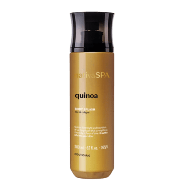 Saiba mais sobre: Boticário Nativa SPA Body Splash Quinoa Nativa SPA Body Splash Quinoa tem o poder de hidratação do óleo 100% puro de gotas purificadas de quinoa (considerada a semente da beleza), pois oferece inúmeros benefícios: •Hidratação profunda •Aumento da produção de colágeno •Prevenção da perda de elasticidade da pele. •Microcápsulas da fragrância que estouram durante o dia, intensificando o aroma na pele. Nativa SPA Body Splash Quinoa, envolve todo o corpo em uma deliciosa fragrância, única e explosiva. A composição é baseada em notas de quinoa. É ideal para ser usado em todo o corpo e prolonga o frescor pós-banho. Além de perfumar, também ajuda a hidratar a pele ao longo do dia. Testado dermatologicamente Modo de Utilização: Após o banho, borrifar Body Splash Quinoa no corpo todo. Reaplicar sempre que se quiser sentir a pele perfumada.que se quiser sentir a pele perfumada. As Body Splash são um produto muito versátil, podendo ser usadas para perfumar a roupa acabada de passar a ferro, perfumar a roupa de cama e as almofadas antes deitar, e ainda como ambientador de casa ou de automóvel.