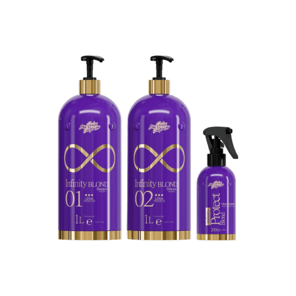 A Loja Brasil Cosméticos apresenta o novo Infinity Blond. Um produto inovador que não descolore os cabelos brancos, ruivos, loiros ou platinados, desenvolvido para todos os tipos de cabelos, é 100% livre de formol que proporciona cabelos alinhados, maleáveis, brilhantes e sedosos. Enriquecido com tecnologia exclusiva + Ativos que tratam os cabelos em profundidade – sistema inteligente que promove a reestruturação da fibra capilar – Infinity Blond elimina o volume dos cabelos enquanto trata e reconstrói os cabelos danificados pela ação do tempo. Este kit contém: 01 Shampoo 1L, 01 Máscara 1L, 01 Protetor Loiro 200ml