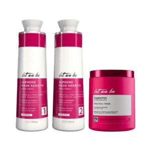 Supreme Mask Keratin é um alisamento progressivo que proporciona o realinhamento da superfície capilar, conferindo aos cabelos um efeito liso e disciplinado de longa duração. Contém óleos resinosos com ação emoliente e anti-frizz que atuam como agentes redutores de volume. O Kit é composto por: Passo 1 - Shampoo Anti Resíduos, que limpa profundamente os resíduos acumulados na fibra do cabelo. Tem ação eficaz que equilibra o pH dos fios e promove a dilatação das pontas para receber a aplicação da máscara nos fios. Passo 2- Supreme Mask, que promove a reparação e reestruturação da fibra capilar. Com fórmula obtida através da maceração das flores de garnia, possui ação multi benéfica que penetra, nutre e realinha a estrutura capilar, controlando o ressecamento indesejado dos fios. O Btx Supreme Ultra Mask é uma máscara reconstrutora que reduz o volume, hidrata e alinha os fios. É enriquecido com polifenóis que condiciona e nutre os fios, melhorando a coesão capilar e preservando a integridade da estrutura do cabelo. Resulta num cabelo super nutrido, macio, solto, sem frizz e evita a formação de pontas duplas, repara as fibras danificadas e protege os fios restaurando sua elasticidade. Supreme é um tratamento de reestruturação e realinhamento térmico capilar. Contém óleos resinosos com ação emoliente e anti-frizz que atuam como agentes redutores de volume e proporcionam o realinhamento da superfície capilar, conferindo ao cabelo um efeito liso e disciplinado de longa duração.