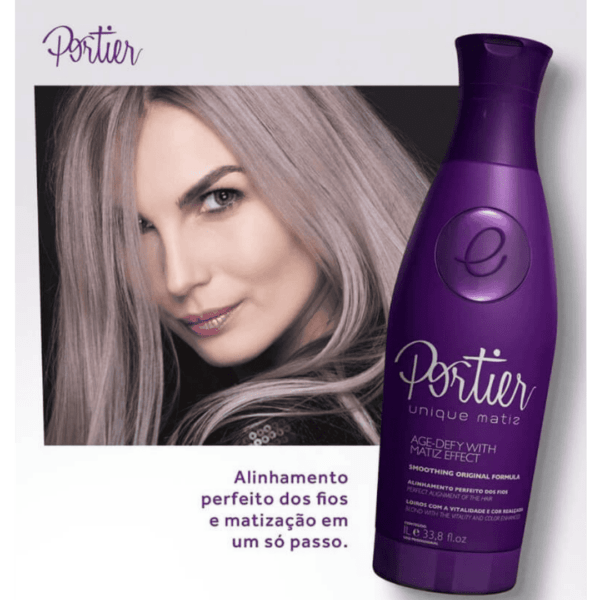 Portier Unique Matiz é o mais novo lançamento da Portier. Trata-se de um alisamento que é desenvolvido especialmente para cabelos loiros. É rico em aminoácidos, proteínas, óleo de Abacate e óleo de Coco que conferem aos fios maciez intensa, reduz volume e elimina o frizz. O resultado são fios sedosos, matizados, sem frizz e com a cutícula alinhada.