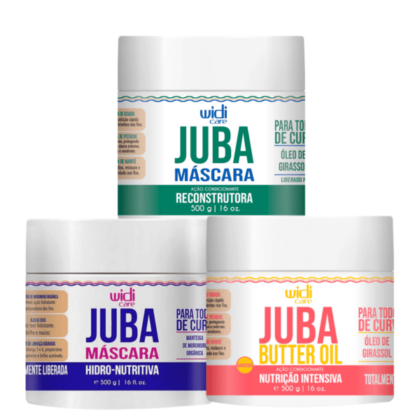 Juba - Widi Care Cronograma Capilar 3x500g Widi Care Máscara Hidro-nutritiva Juba - 500g Cachos e crespos precisam de um cronograma capilar muito focado em hidratação e nutrição. A MÁSCARA HIDRO-NUTRITIVA JUBA foi desenvolvida especialmente pra você que quer tratar dessa JUBA de orgulho de forma mais potente, afinal, com os ativos Manteiga de Murumuru Orgânica, Óleo de Coco e Extrato de Avelã, ela possui tudo para nutrir e ao mesmo tempo hidratar sua cabeleira. Widi Care Butter Oil Juba Máscara de Nutrição Intensa Desenvolvida especialmente para nutrir e recuperar todo o poder da sua juba de respeito, a BUTTER OIL JUBA é um tratamento capilar ultra nutritivo, rico em óleos e manteigas que irão devolver a saúde e luminosidade dos seus fios, com sua perfeita união das Manteigas de Karité, Ucuuba e Pistache, juntamente com Óleo de Jojoba, garantindo assim uma nutrição prolongada, resultando em madeixas mais emolientes, macias e saudáveis. Widi Care Máscara Reconstrutora Juba - 500g Fortalece e restaura a saúde dos fios. Sua fórmula contém fiberhance, um ativo que penetra profundamente no córtex, reestrutura e resgata a saúde interna dos fios, tornando-os mais resistentes e saudáveis, além de criar uma barreira protegendo-os contra as agressões externas. Contém 1 Máscara Hidro-Nutritiva Juba 500g - Widi Care 1 Máscara Butter Oil Juba Nutrição Intensa 500g - Widi Care 1 Máscara Reconstrutora Condicionante Juba 500g - Widi Care