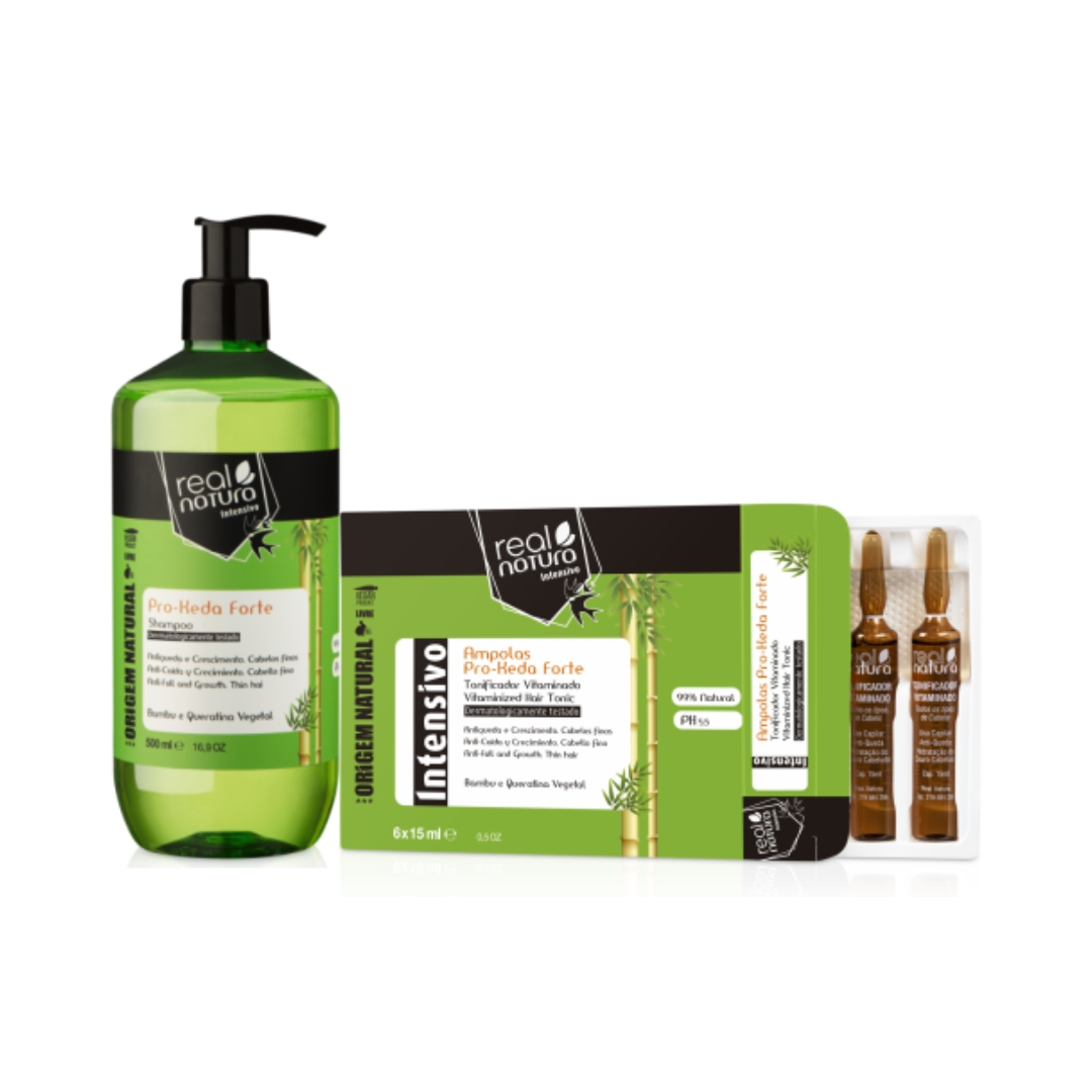 Kit Real Natura Pro-Keda Forte Tonificador Vitaminado 6 Ampolas 15ml+Shampoo 500ml