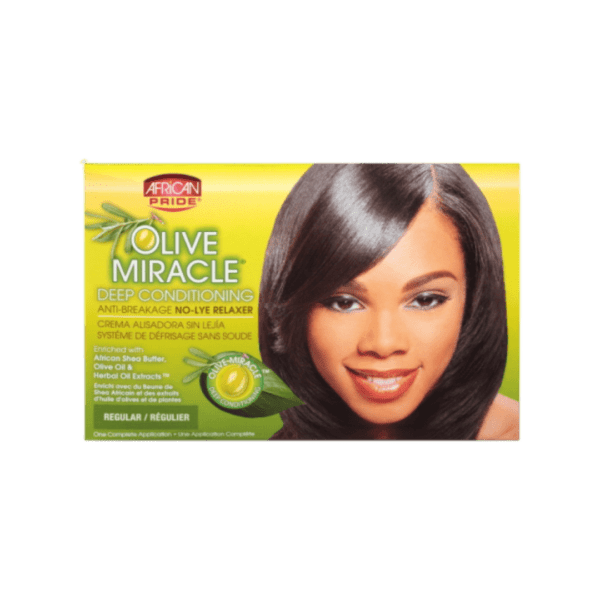 African Pride Desfrisante Olive Miracle Deep Conditioning Anti-Breakage Relaxer Kit sem soda condicionamento profundo anti-quebra com aloe, óleo de rícino e biotina. 1 Aplicação completa! Força: Regular