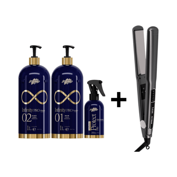 A Loja Brasil Cosméticos apresenta o novo Infinity Pro. Ele foi desenvolvido para proporcionar cabelos mais lisos, saudaveis, alinhados, maleáveis e brilhosos. Tecnologia exclusiva que proporciona resultados ainda mais satisfatorios com a concentração dos ativos que tratam, sistema inteligente que promove reestruturação dos fios. O Infinity Pro elimina o volume dos cabelos enquanto trata e reconstrói os fios danificados de forma profunda. Este kit contém: 01 Shampoo 1L, 01 Máscara 1L, 01 Protetor Pro 200ml PRANCHA LIZZE EXTREME 250ºC TITANIUM Experimente a inovação em alisamento capilar com a Lizze Prancha Extreme 250°C Titanium. Com placas de titânio ultralisas e aquecimento rápido, esta prancha proporciona resultados impecáveis em cada passada, deixando seu cabelo incrivelmente liso, sedoso e sem frizz. Domine seu estilo com facilidade e segurança com a Lizze Prancha Extreme 250°C Titanium. Economize 70% do seu tempo com a prancha de titânio mais quente e rápida do mercado, que atinge a temperatura de até 250 C .