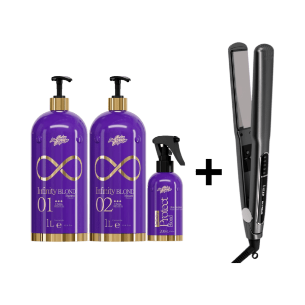 A Loja Brasil Cosméticos apresenta o novo Infinity Blond. Um produto inovador que não descolore os cabelos brancos, ruivos, loiros ou platinados, desenvolvido para todos os tipos de cabelos, é 100% livre de formol que proporciona cabelos alinhados, maleáveis, brilhantes e sedosos. Enriquecido com tecnologia exclusiva + Ativos que tratam os cabelos em profundidade – sistema inteligente que promove a reestruturação da fibra capilar – Infinity Blond elimina o volume dos cabelos enquanto trata e reconstrói os cabelos danificados pela ação do tempo. Este kit contém: 01 Shampoo 1L, 01 Máscara 1L, 01 Protetor Loiro 200ml Prancha Lizze Extreme Experimente a inovação em alisamento capilar com a Lizze Prancha Extreme 250°C Titanium. Com placas de titânio ultralisas e aquecimento rápido, esta prancha proporciona resultados impecáveis em cada passada, deixando seu cabelo incrivelmente liso, sedoso e sem frizz. Domine seu estilo com facilidade e segurança com a Lizze Prancha Extreme 250°C Titanium. Economize 70% do seu tempo com a prancha de titânio mais quente e rápida do mercado, que atinge a temperatura de até 250 C .