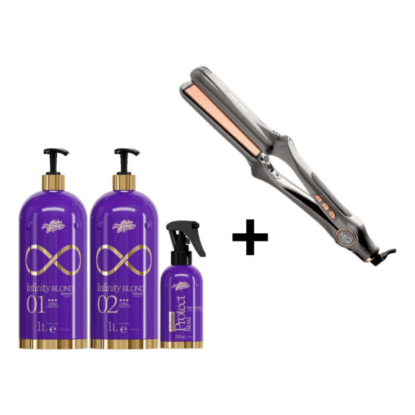 A Loja Brasil Cosméticos apresenta o novo Infinity Blond. Um produto inovador que não descolore os cabelos brancos, ruivos, loiros ou platinados, desenvolvido para todos os tipos de cabelos, é 100% livre de formol que proporciona cabelos alinhados, maleáveis, brilhantes e sedosos. Enriquecido com tecnologia exclusiva + Ativos que tratam os cabelos em profundidade – sistema inteligente que promove a reestruturação da fibra capilar – Infinity Blond elimina o volume dos cabelos enquanto trata e reconstrói os cabelos danificados pela ação do tempo. Este kit contém: 01 Shampoo 1L, 01 Máscara 1L, 01 Protetor Loiro 200ml MQ Professional Prancha de Titânio MQ Pro480 A Loja Brasil Cosméticos apresenta a prancha de titânio MQ Pro480, a escolha número um dos profissionais que procuram resultados impecáveis em progressivas e alisamentos. As placas ultralisas de titânio distribuem uniformemente o calor, selando as cutículas dos fios, absorvendo o produto de forma eficaz e proporcionando um brilho radiante. Com apenas três passadas, consiga um liso perfeito! Resultado de mais de 10 anos de experiência, o produto tem componentes japoneses reconhecidos internacionalmente pela sua estabilidade e segurança. Tudo graças as tecnologias MCH e TCS, que garantem um aquecimento ultrarrápido e uma recuperação imediata da temperatura. Além disso, a prancha possui um design anatómico, proporcionando conforto absoluto durante o uso prolongado. As placas flutuantes ajustam-se perfeitamente às mechas, sem a necessidade de esforço excessivo, evitando o desgaste físico do profissional.