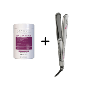 O BTX Max Repair alinha os fios, reduz o frizz e o volume excessivo, reparando danos no núcleo capilar e restaurando força e umidade. A Prancha BaByliss Pro Dry & Straighten é perfeita para uso profissional intensivo, resistente ao desgaste, produtos químicos e altas temperaturas, garantindo alisamento rápido e eficiente.