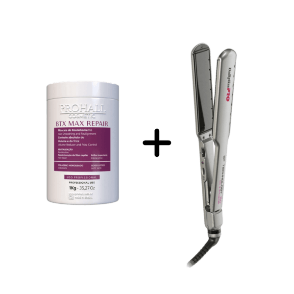 O BTX Max Repair alinha os fios, reduz o frizz e o volume excessivo, reparando danos no núcleo capilar e restaurando força e umidade. A Prancha BaByliss Pro Dry & Straighten é perfeita para uso profissional intensivo, resistente ao desgaste, produtos químicos e altas temperaturas, garantindo alisamento rápido e eficiente.