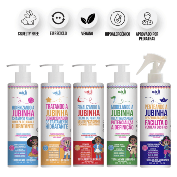 Transforme a rotina de cuidados dos cachinhos com o Kit Jubinha Pesadinho! Com shampoo, condicionador, creme de pentear, gelatina e spray desembaraçante, ele hidrata profundamente, proporcionando maciez e brilho. Além disso, limpa sem embaraçar e reativa cada ondinha!