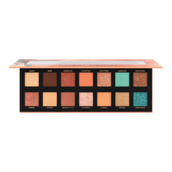 Mate, brilhante e metálico: cores de sombra para todas as ocasiões! Pronto para mergulhar no mundo mágico das cores? A nossa Paleta de Sombras Coral Crush Slim 030 Under the Sea de Catrice oferece 14 sombras vibrantes para o seu look WOW. Devido à fórmula melhorada das texturas e tonalidades de alta qualidade, as sombras de olhos duram muito e não caem durante o dia. 