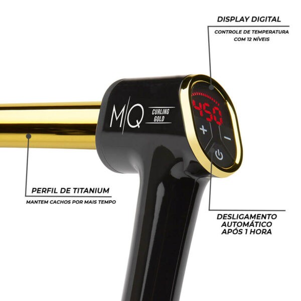 O MQ Curling Gold é um modelador de cachos profissional que combina design ergonômico em ângulo de 90° com tecnologia de aquecimento rápido, proporcionando cachos definidos e duradouros com conforto e eficiência.