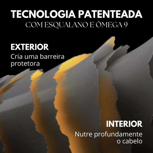 Ele também contém Squalane e Ômega-9 para nutrir profundamente o cabelo por dentro e recriar uma barreira protetora. Testado dermatologicamente e adequado para cabelos coloridos.