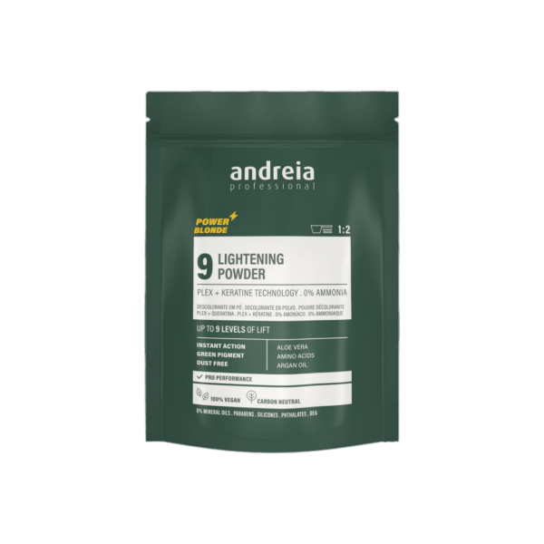 Pó descolorante verde vegan até 9 níveis de aclaramento. Neutraliza tons avermelhados. Ação instantânea e proteção da fibra capilar graças à tecnologia plex e queratina. Livre de poeira. Adequada para todas as técnicas de descoloração. Com aloe vera, aminoácidos e óleo de argão. Performance profissional. 