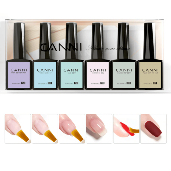 O Canni Collection Kit Base Primer 2300 reúne 6 itens essenciais para unhas perfeitas: desidratante, primer, base, gel de reforço, top coat diamante e top coat matt velvet.