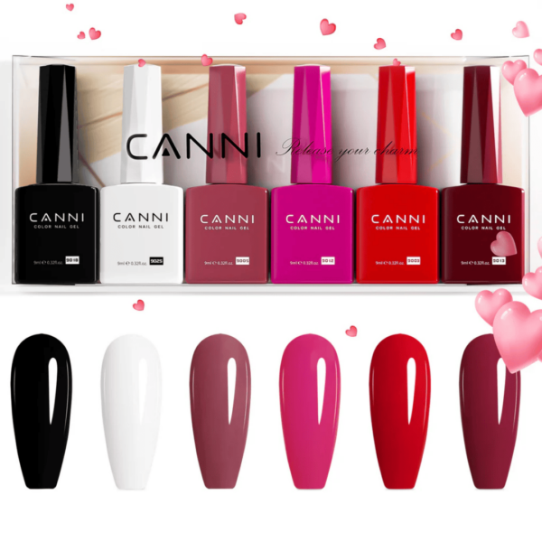 Conjunto com 6 vernizes gel HEMA Free, com fórmula segura e hipoalergênica. Cores intensas, acabamento profissional e longa duração. Ideal para uso profissional ou doméstico.