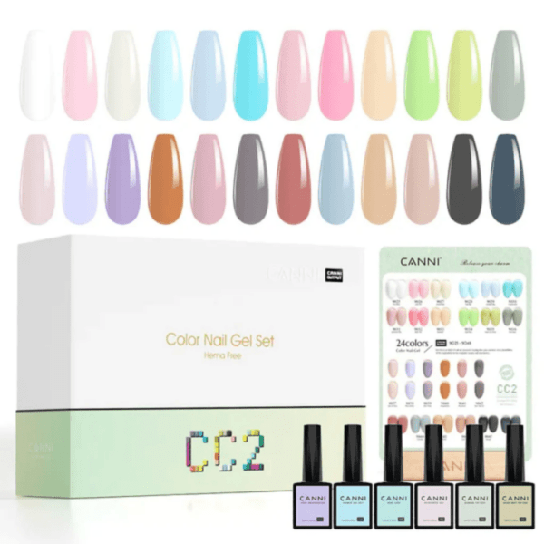 O Kit Canni Color Nail Gel Set Verniz Gel CC2 oferece uma paleta vibrante com 24 cores de verniz gel para unhas, garantindo acabamento duradouro e profissional.
