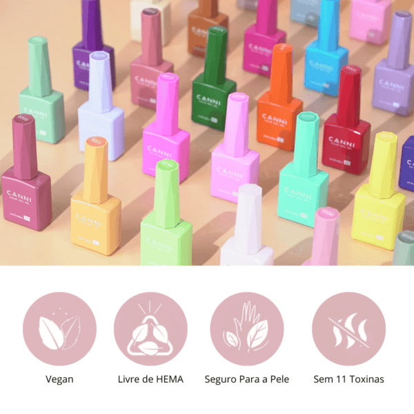 O Kit Canni Color Nail Gel Set Verniz Gel CC2 oferece uma paleta vibrante com 24 cores de verniz gel para unhas, garantindo acabamento duradouro e profissional.