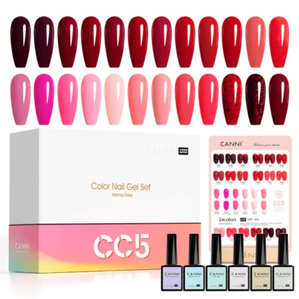 O Kit Canni Color Nail Gel Set Verniz Gel CC5 oferece uma paleta vibrante com 24 cores de verniz gel para unhas, garantindo acabamento duradouro e profissional.