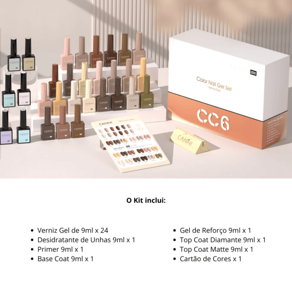 O Kit Canni Color Nail Gel Set Verniz Gel CC6 oferece uma paleta vibrante com 24 cores de verniz gel para unhas, garantindo acabamento duradouro e profissional.