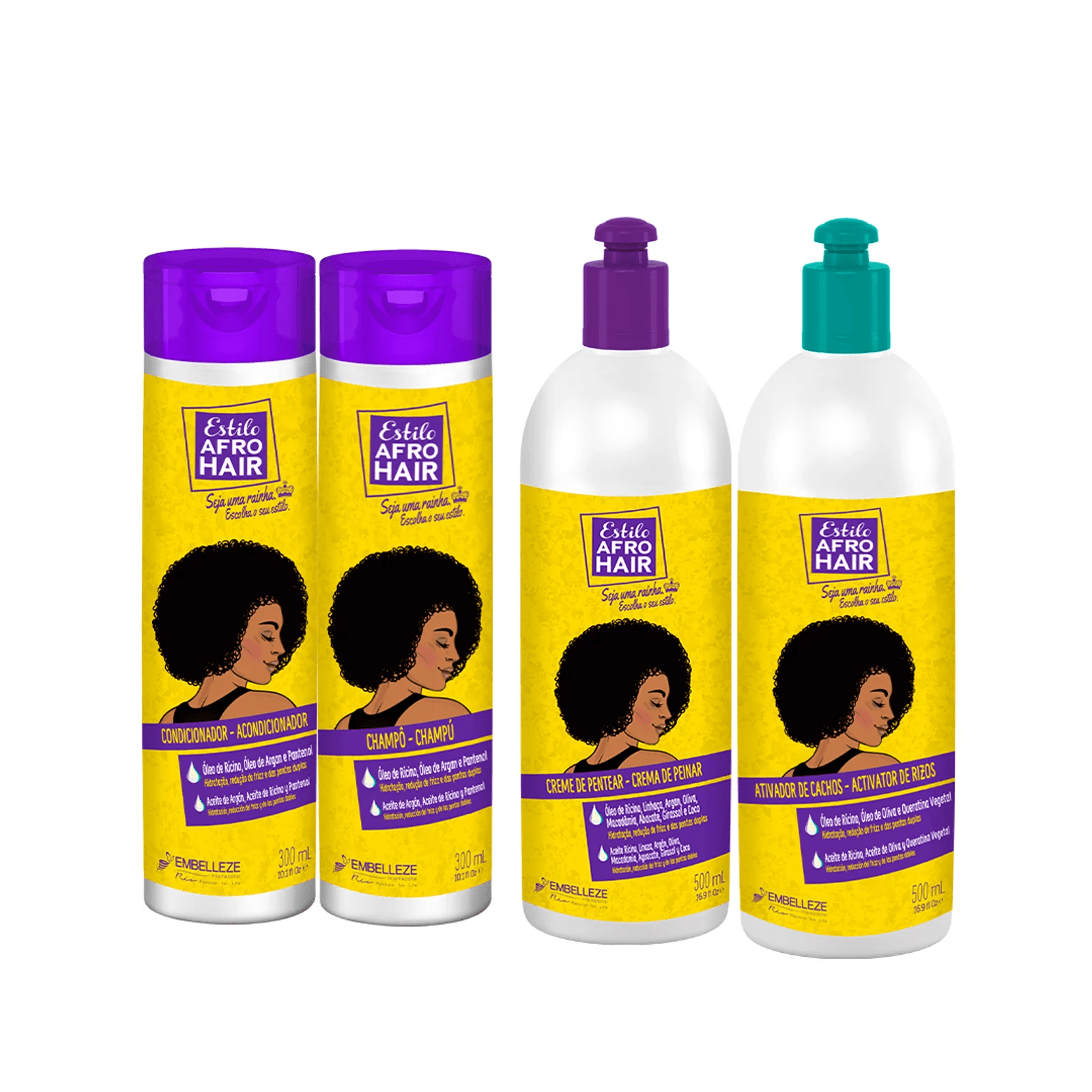 Embelleze AfroHair Kit Cuidado Diário 4 Produtos (Champô 300ml + Condicionador 300ml + Creme de Pentear 500g + Ativador de Caracóis 500ml)