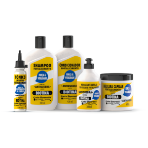 Gota Dourada Kit Fortalecimento Biotina 5 Produtos (Champô 430 ml + Condicionador 430 ml + Máscara 500 g + Sem Enxágue 300 ml + Tónico 100 ml)